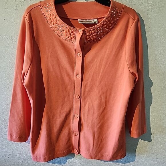 REBECCA MALONE Pink CORAL Floral BEADED BUTTON UP COTTON Cardigan L Summer Vibe - Picture 6 of 7